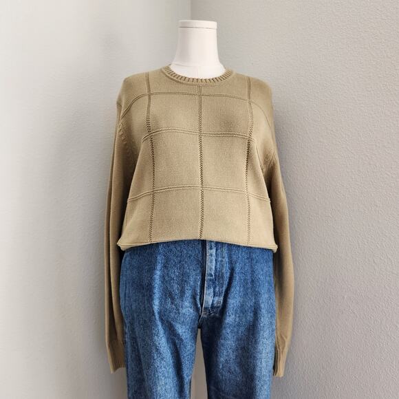 Geoffrey Beene Sweaters - Vintage Geoffrey Beene Tan Grid Knit Crewneck Sweater Grandpacore Long Sleeve M
